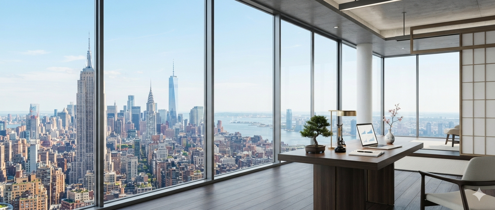 New York skyline viewed from a modern office interior